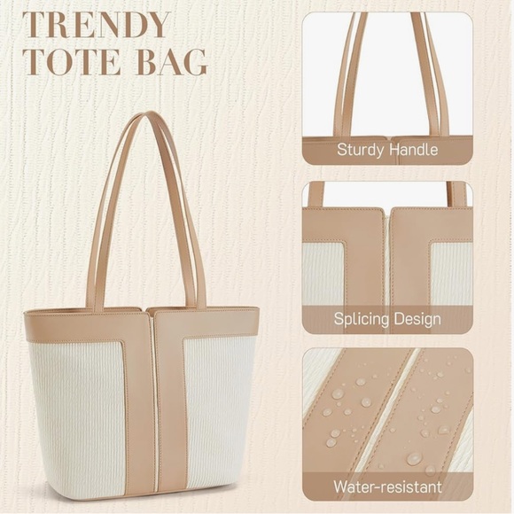 *New* Quilted Shoulder Bag/Tote Bag W/ Zipper - Tan and Beige - Picture 4 of 7